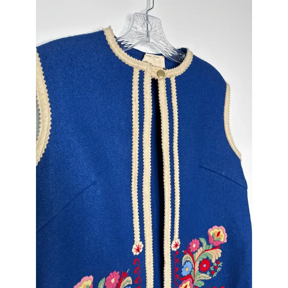 Vintage 70's Hungarian Folk Wool Vest Blue Embroidered Floral Trimmed medium